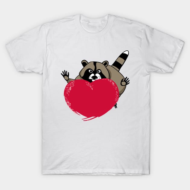 Funny cartoon raccoon and a huge red fiery heart T-Shirt by kdegtiareva